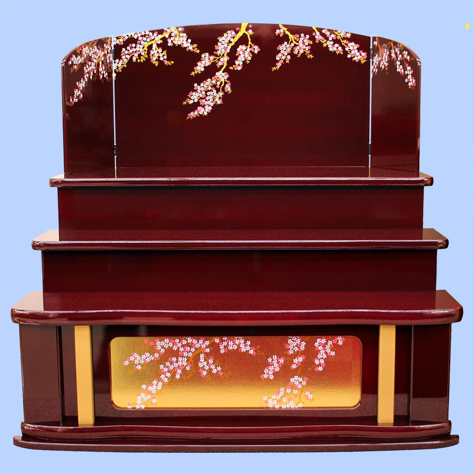 雛道具 幅 90㎝30号三段台屏風セット ワイン塗しだれ桜