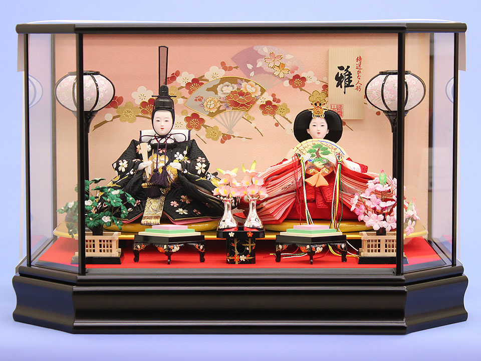 雛人形ケース飾り 二人 幅57㎝ 小三五親王 s2436金彩梅扇六角