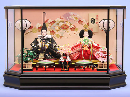 雛人形ケース飾り 二人 幅57㎝ 小三五親王 s2436金彩梅扇六角