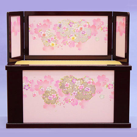 収納台屏風セット 幅80cm 薄型-ピンク雪輪に桜