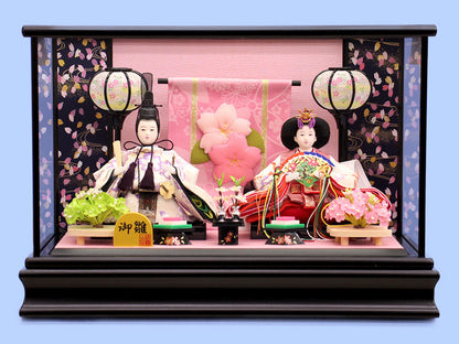 雛人形ケース飾り 二人 小芥子几帳付き六角黒