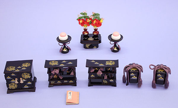 雛道具三段飾り用6点セット 15号タメ塗カルタ(木製)