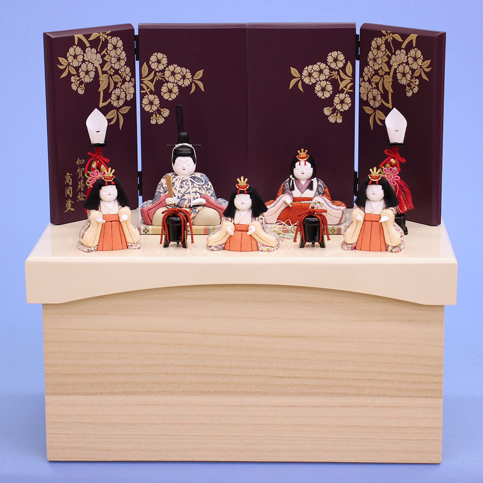 木目込み雛人形　幸一光作 木目込み雛人形 幸一光作このみ五人 光琳桜古代紫収納飾り – 寿