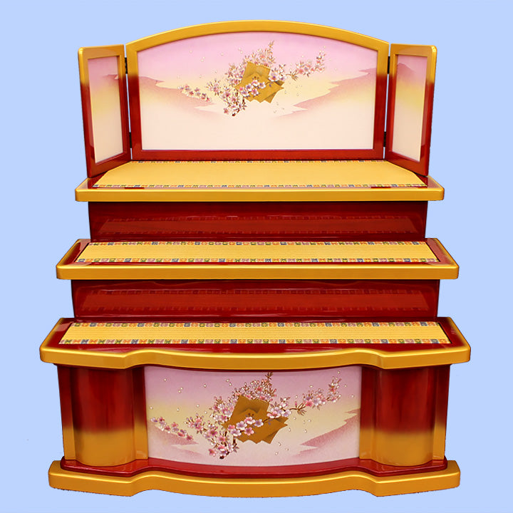 雛道具 幅 90㎝30号三段台屏風セット 朱塗り桜姫