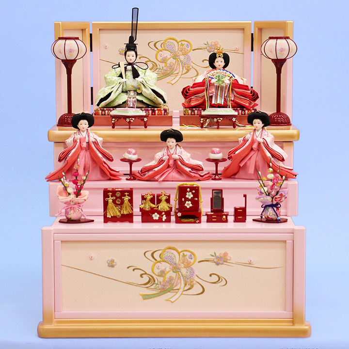 雛人形収納三段飾り 幅50cm柳五人　梅刺繍ピンク引き出し式W50