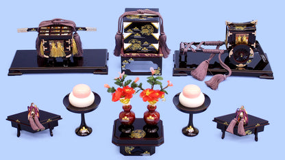 雛道具三段飾り用6点セット タメ塗 雪輪牡丹桜 (木製)