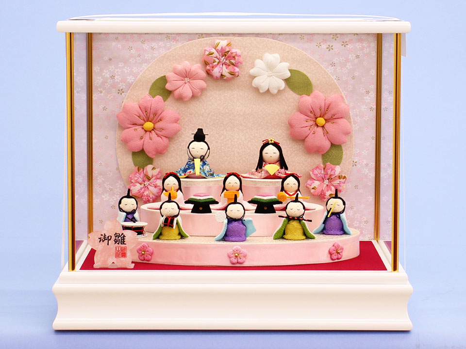 雛人形ケース飾りミニ10人桜押絵 白枠