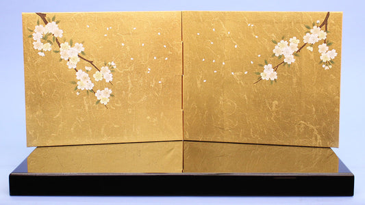 ensemble complet de poupée Hina et paravent à plateforme, largeur 60 cm, n° 20, base carrée noire - 9 fleurs de cerisier pleureur à deux panneaux