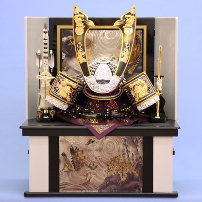 Boy's Day Doll kabuto Storage Set Width 62cm Wearing Carved Style Black and Silver Medium Kuwagata
