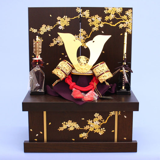 幅38cm コンパクト９号純金箔押し竹雀之兜　ダーク姫桜