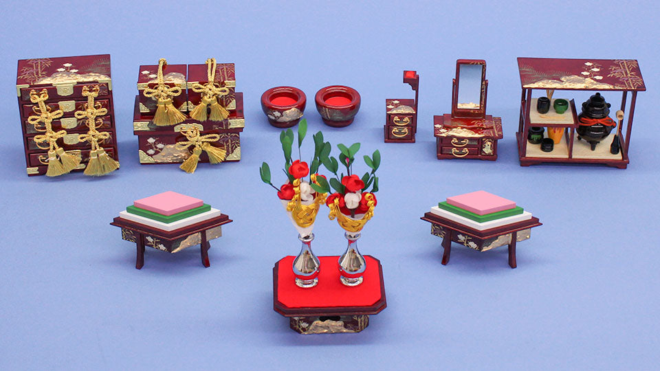 雛道具三段飾り用6点セット 30号琥珀塗松竹梅家具(木製)