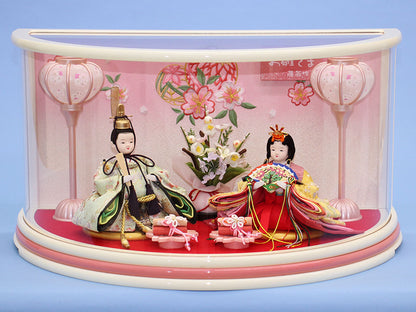 雛人形ケース飾り 二人 まりな　半円パノラマ白桃