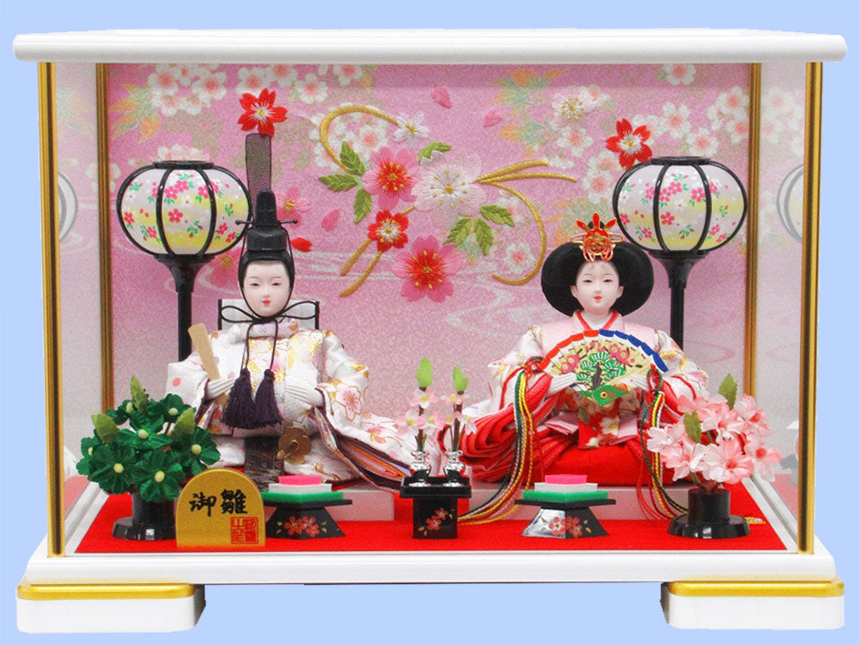 雛人形ケース飾り 二人 小芥子金ライン白