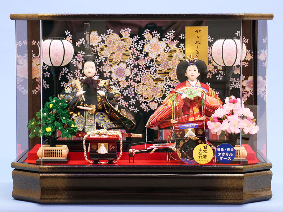 雛人形ケース飾り 二人 幅53㎝ 三五親王 彩美六角黒金ぼかし