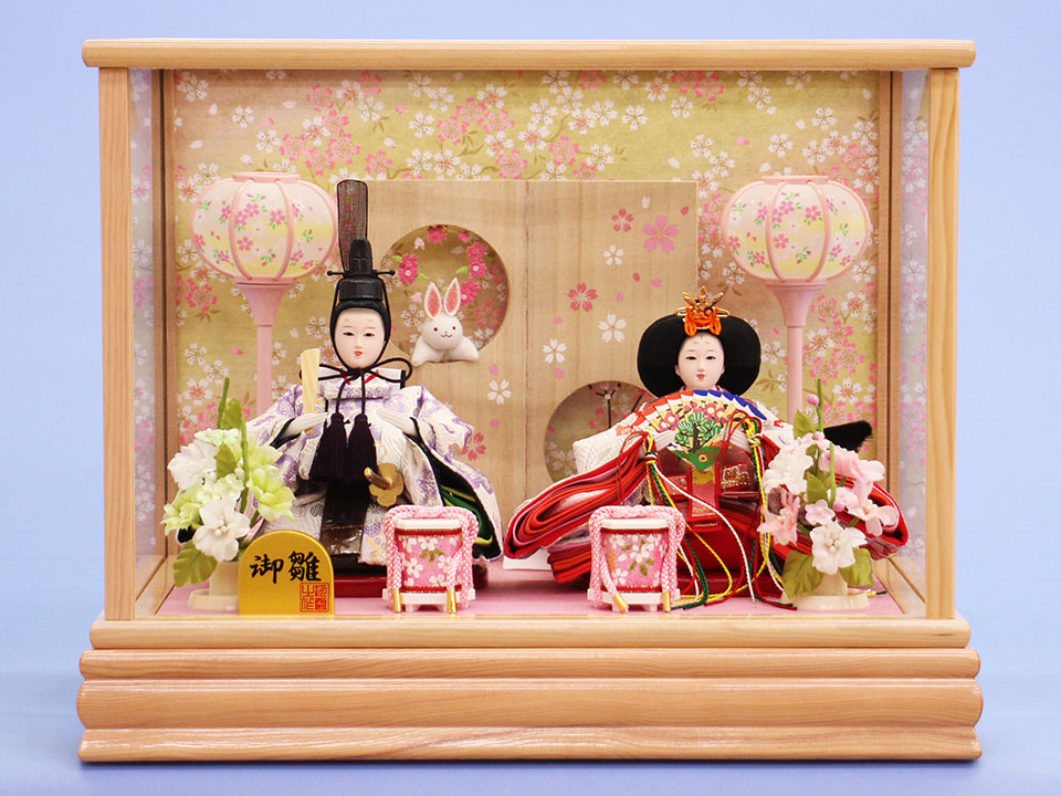 雛人形ケース飾り 二人 小芥子親王 つるし飾り付き白木枠