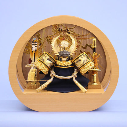 五月人形 兜ケース飾り 高さ29.5㎝ 徳川家康兜 木目調丸型