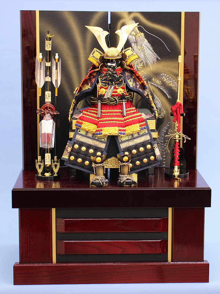 五月人形 鎧収納セット 幅60cm ５号赤威し鎧　ワイン金彩龍