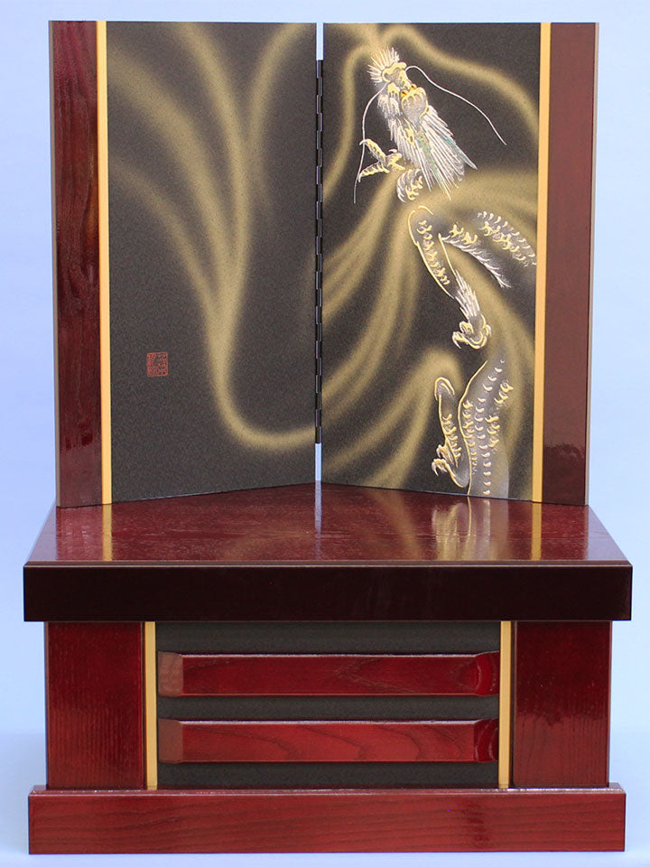 五月人形用収納台屏風 幅 60cm ワイン塗龍収納台屏風セット