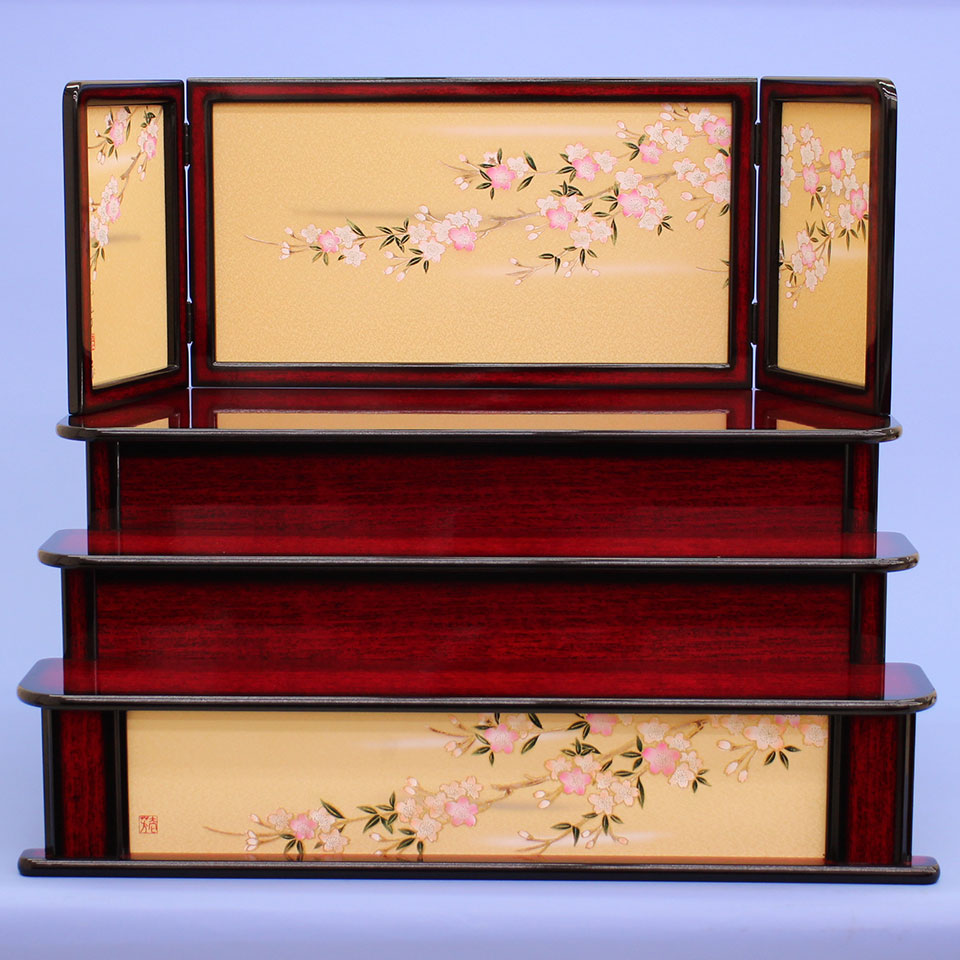 雛道具 幅 75㎝25号三段台屏風セット 家具調さくら
