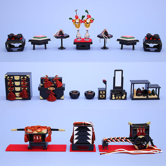 五段和七段陈列用的9件雏人偶配件套装，编号25（木制），黑漆装饰