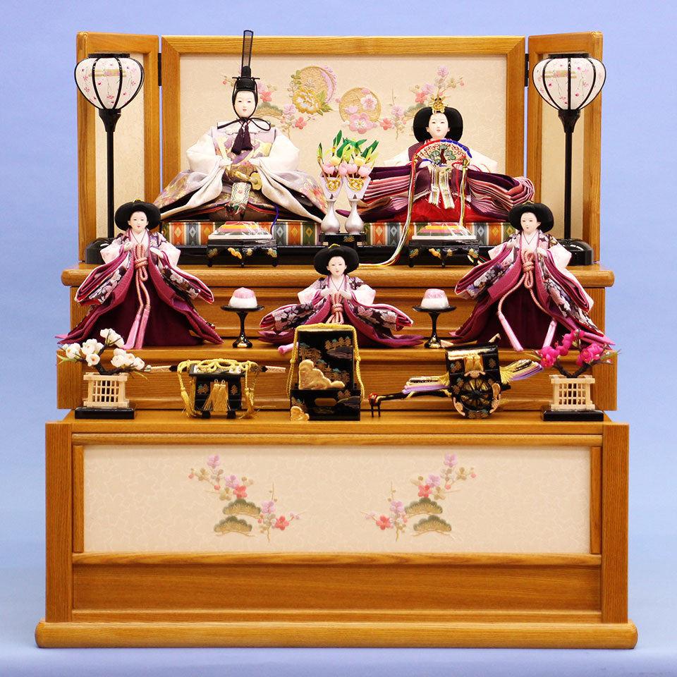 Three-tiered storage for Hina dolls, 70cm wide, 355 dolls, pine, bamboo and plum embroidery, oak drawer style