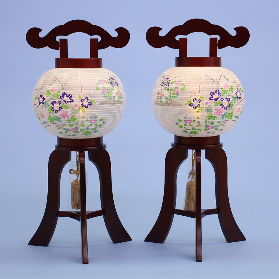 コンパクト盆提灯高さ さくら6号一対 絹重絵(桔梗と菊)47cm LEDコードレス大内行灯　明所点灯