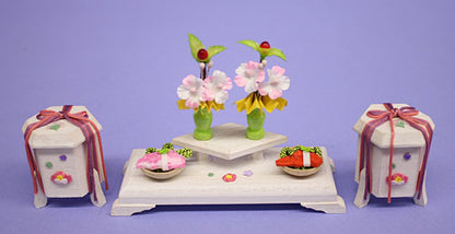 雛道具前飾り 25号 棚菱三宝 白塗桐 貝桶（木製）