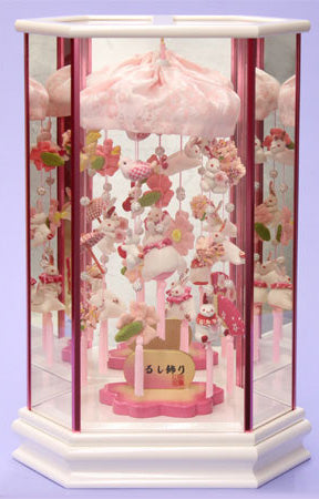 つるし雛ケース飾り高さ46cm白うさぎ H365　バックが鏡になったおしゃれなお雛様