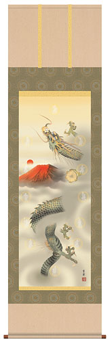 縁起画掛け軸　赤富士昇龍図　石田芳園