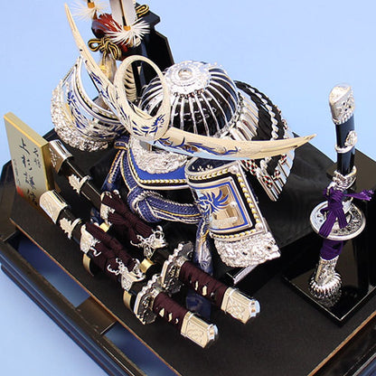 May Doll kabuto Case Decoration Height 38cm Silver Uesugi Kenshin kabuto Blue Blurred Hexagon