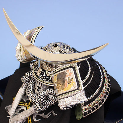 五月人偶单个兜 高44cm 12号 银色小板 伊达兜 黑漆柜