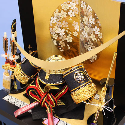 五月人偶兜收纳套装 宽42cm 紧凑型印传 伊達政宗兜 兼丸樱收纳套装