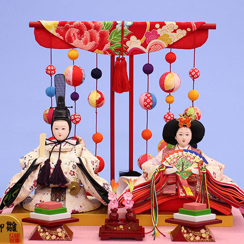 雛人形ケース飾り 二人 小芥子親王 赤ケース吊るしマリ　人形正面