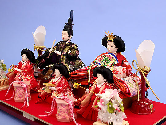 雛人形 ケース飾り 五人 幅50cm｜アクリル ドーム型 半円 赤枠 柳親王