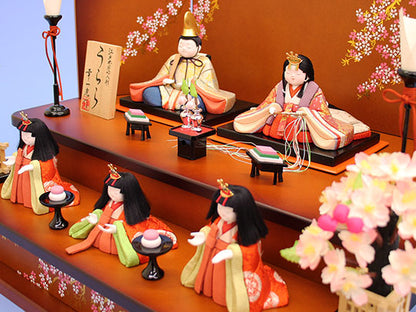 木目込み雛人形 幸一光作うらら五人 家具調二段飾り　ズーム