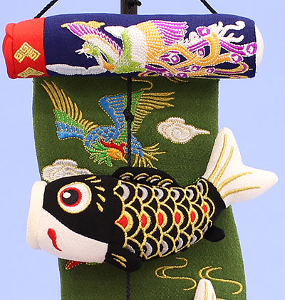 Hanging carp streamer, height 52cm, Phoenix (mini), green crepe tapestry, with stand