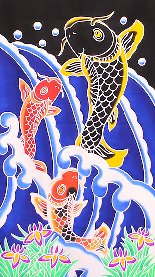 May Doll Accessories Hand-painted, hand-dyed tapestry of a carp climbing a waterfall with stand