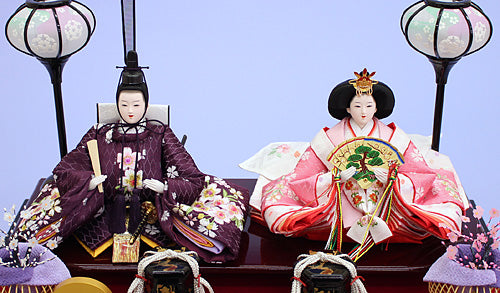 雛人形ケース飾り 二人 小三五親王 刺繍雪輪桜　人形正面