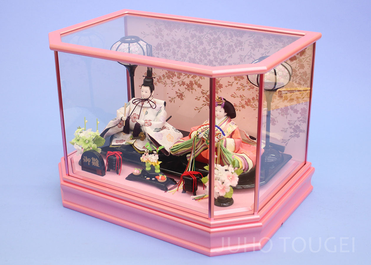 雛人形 ケース飾り 二人 幅48cm｜ガラスケース固定型 会津蒔絵ピンク