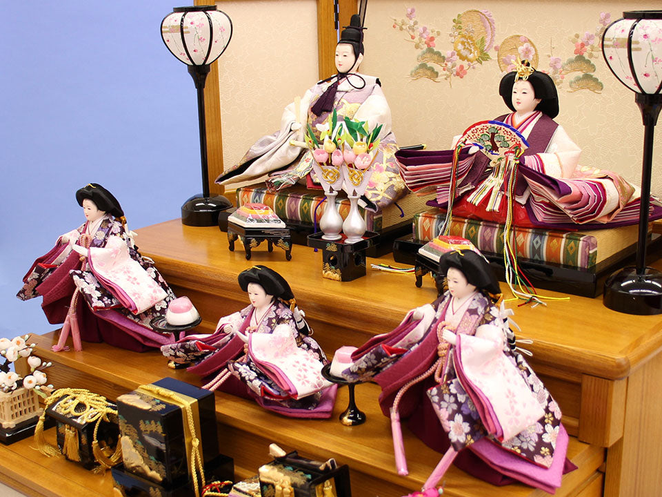 Three-tiered storage for Hina dolls, 70cm wide, 355 dolls, pine, bamboo and plum embroidery, oak drawer style