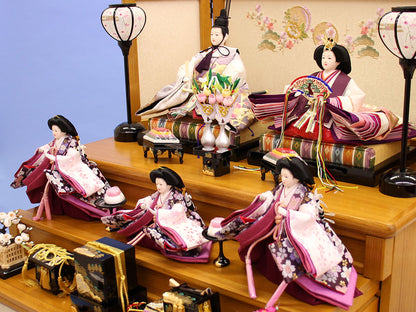 Three-tiered storage for Hina dolls, 70cm wide, 355 dolls, pine, bamboo and plum embroidery, oak drawer style