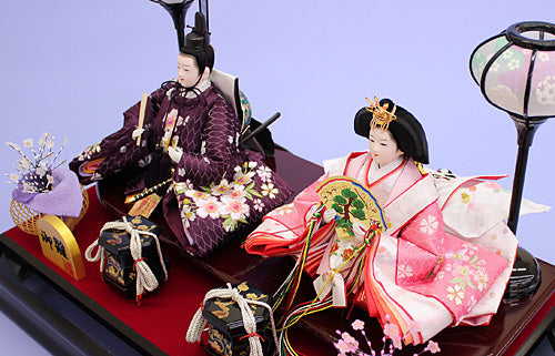雛人形 ケース飾り 二人 幅52cm｜ガラスケース固定型 刺繍雪輪桜 小三